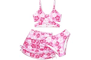 AGAPENG Girls Swimsuits 3 Piece Bathing Suit Allover Printed Criss Cross Bikini Set with Cover Up Skirt Beach Swimwear 7-16 Years