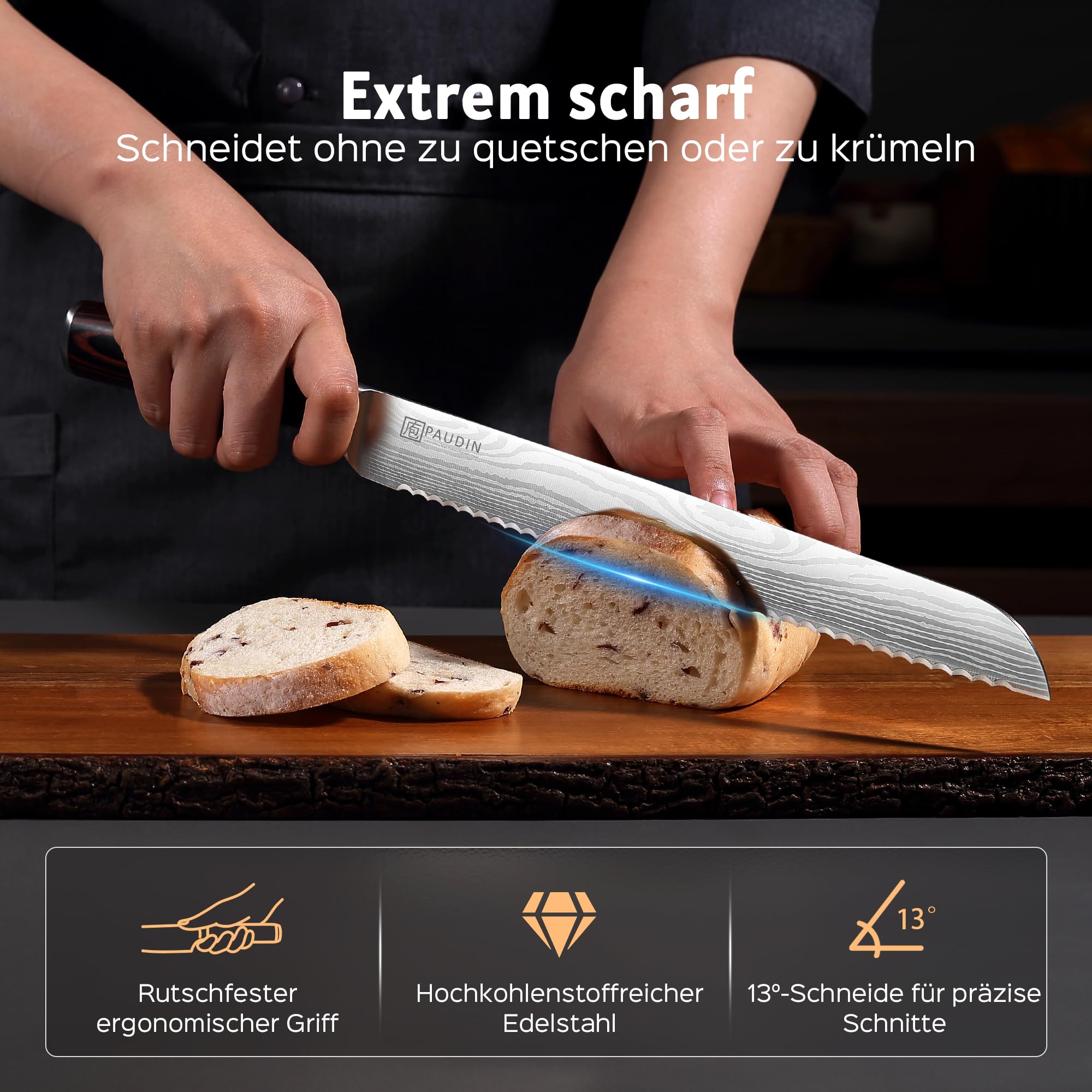 PAUDIN Brotmesser mit Wellenschliff 26 cm aus hochwertigem rostfreiem Edelstahl, extra scharfe Messerklinge mit ergonomischem Pakkaholzgriff 2