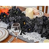 Pieshay 6FT Black Halloween Garland with 10 Black Rose and Berries, Artificial Flower Eucalyptus Garland for Halloween Decorations for Wedding Party Table Decor Indoor Outdoor Backdrop Wall Decor