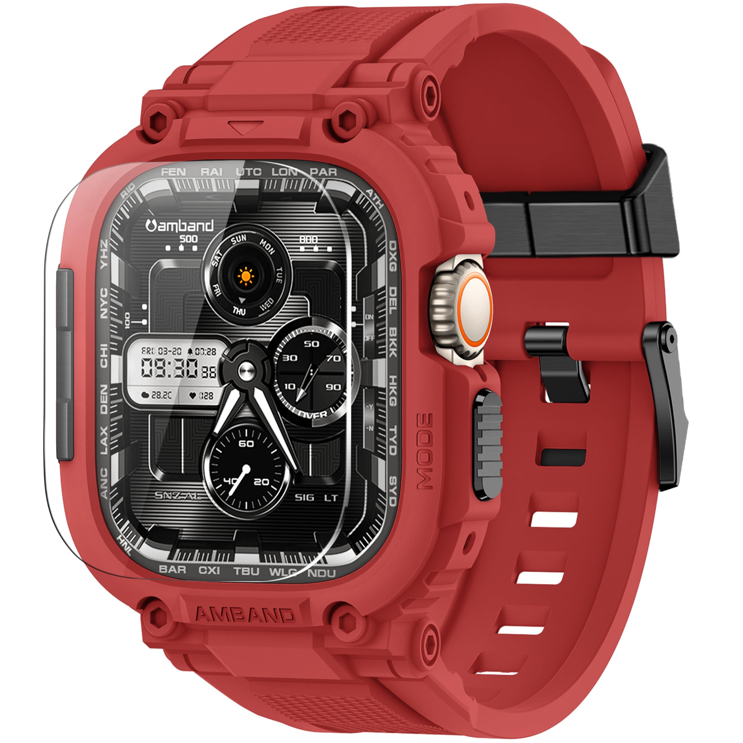 Photo 1 of amBand Bands Case Screen Protector Compatible with Apple Watch Ultra 3/2/1 49mm, M1 Sport Series Rugged Cover Strap and 9H Tempered Glass Film, Protective Bumper for iWatch 49 mm Men - Mars Red