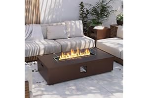 UPHA 56-inch Outdoor Propane Gas Fire Pit Table 50000 BTU Iron Rectangle FirePit for Outside Patio with Tank Hidden Table, Wind Guard, Removable Lid, Lava Rocks, Rain Cover, Brown