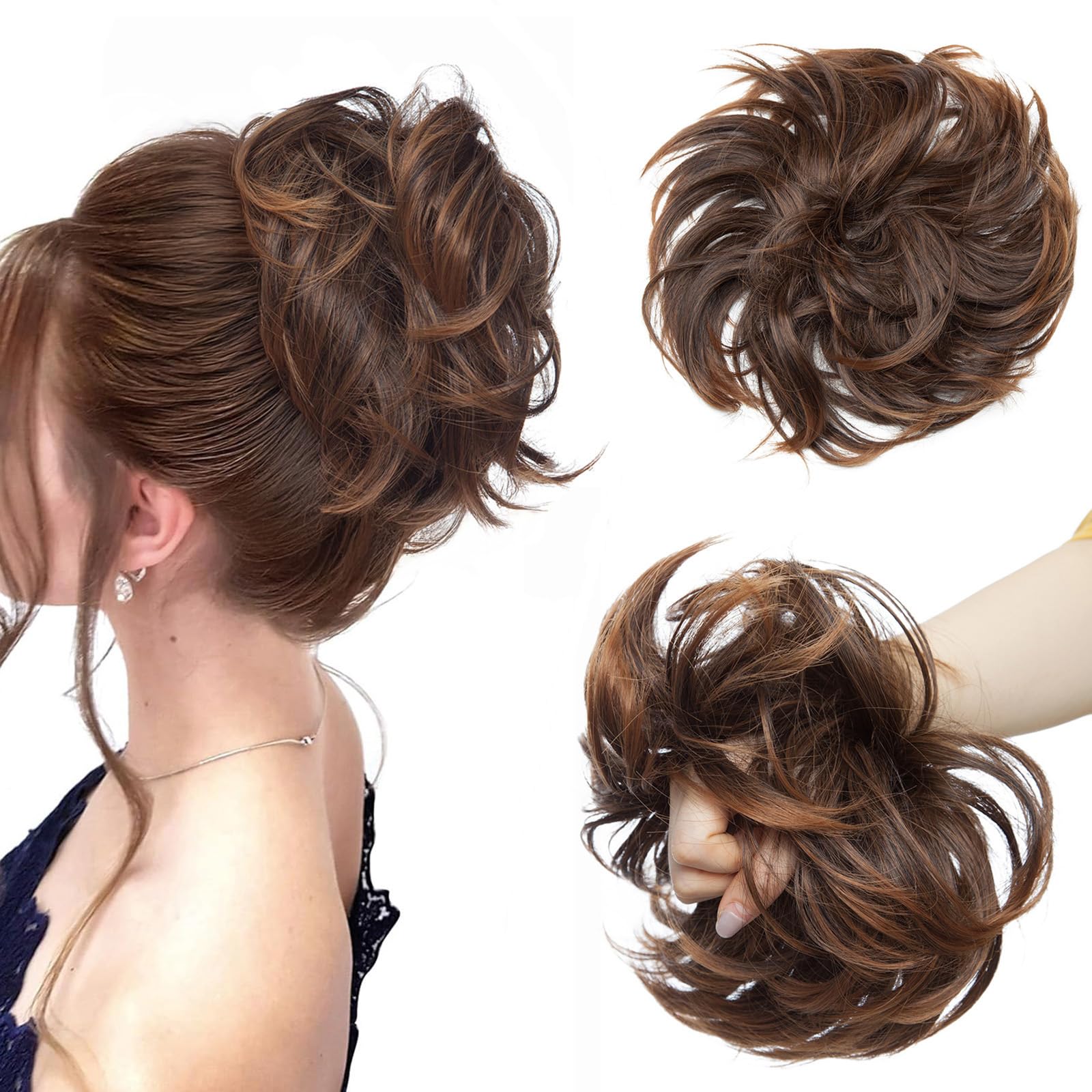 Messy Updo Buns for Women Synthetic Hair Ponytail Scrunchies Donut Chignons Hairpieces Extensions Light Auburn Mix Brown