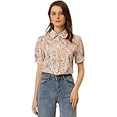 Allegra K Peter Pan Collar Blouse for Women's Contrast Trim Puff Sleeve Peasant Floral Shirt