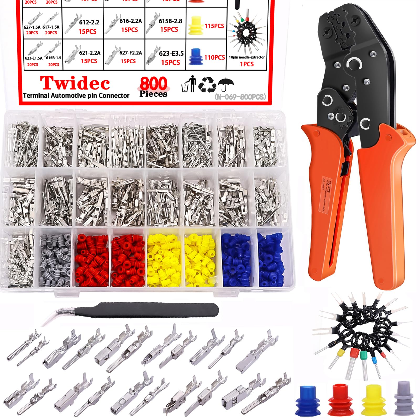 Photo 1 of Twidec/800PCS Car Electrical Wire Terminal 21Type 1/1.5/1.8/2.2/2.8/3.5mm Auto Electric Connector Pins Terminal Non-Insulated Plug Removal Male Female Crimp Pins With Crimping Pliers