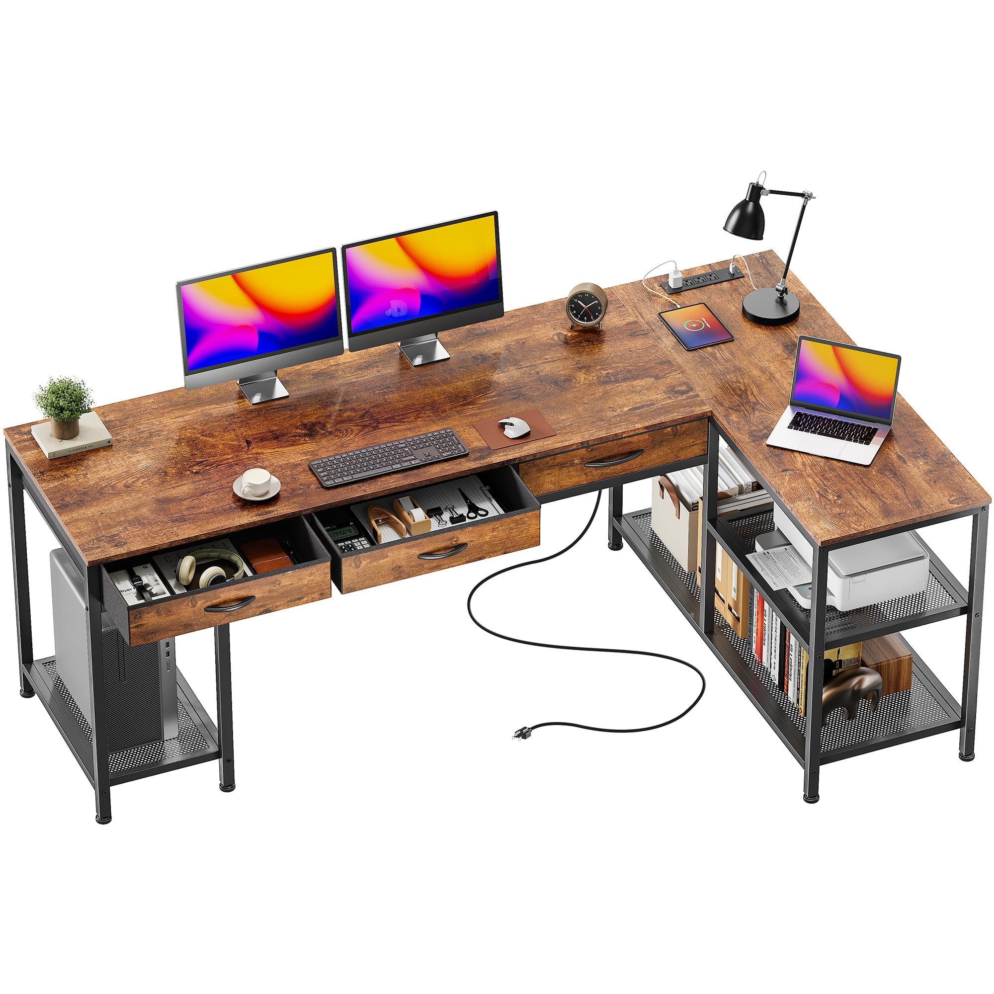 PRAISUN 63 Inch L Shaped Office Desk with Power Outlets and Type-C Port, Large Computer Gaming Desk with 3 Fabric Drawers, Mesh Shelves, Corner Study Work Writing Desk, Rustic Brown