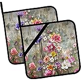 Vintage Watercolor Rose Flowers Pot Holders Set of 2,Kitchen Heat Resistant Potholder for Microwave Cooking Baking Oven and BBQ