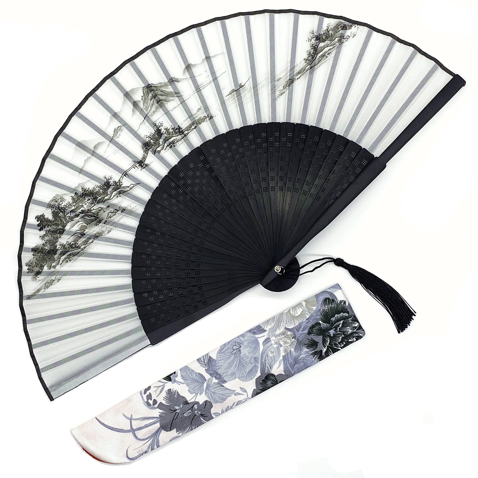 Eastern Wind Hand fan with a gift bag, bamboo folding fan Chinese landscape painting