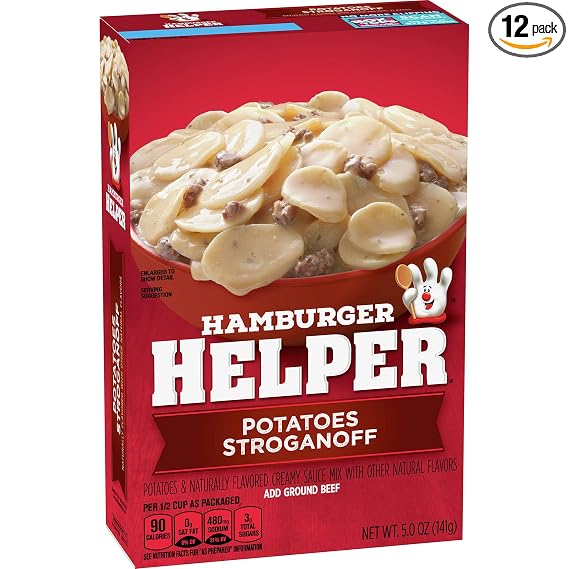 Hamburger helper skillet meal Home cooked potatoes stroganoff idaho potatoes (dried), corn starch, partially hydrogenated soy (016000413603)