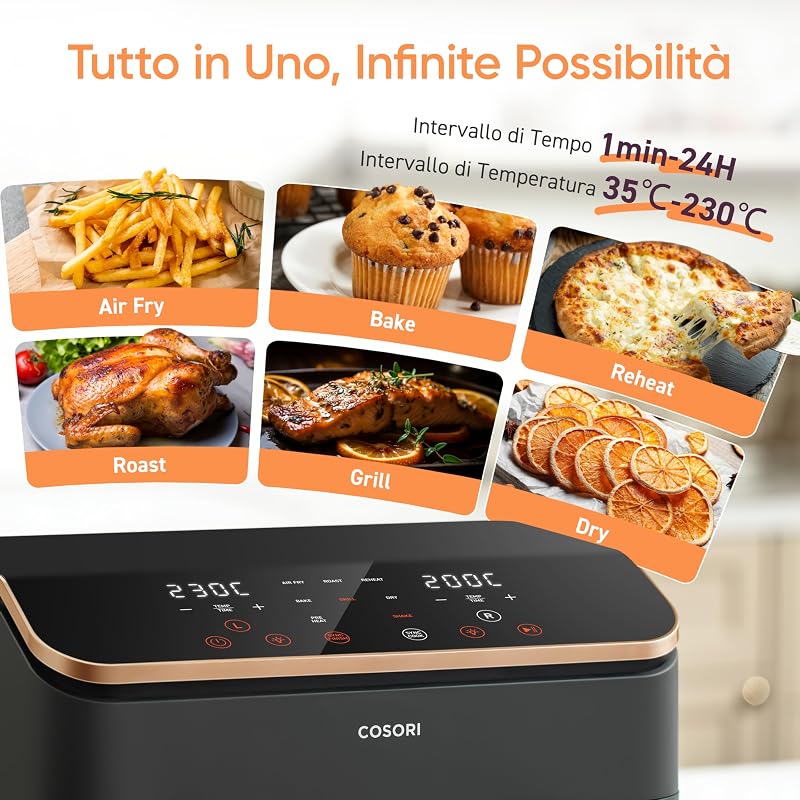 Friggitrice ad Aria Doppio Cestello 8,5 Litri, Con Finestra, Oro