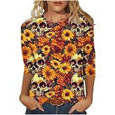 Día De Los Muertos Shirts for Women 2025 Mexican Day of Dead T-Shirts Skull Skeleton Print 3/4 Sleeve Tops Sweatshirt