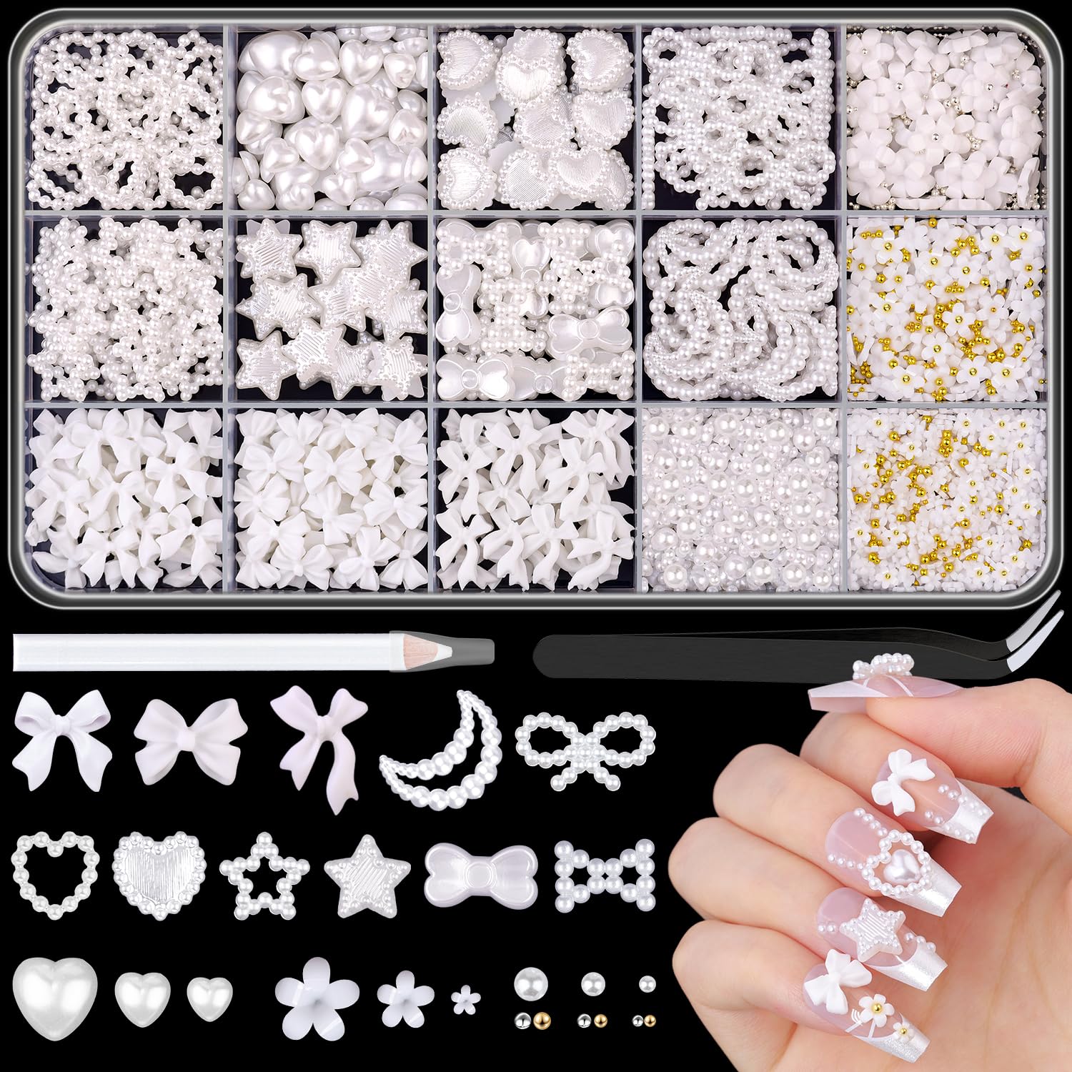 Photo 1 of 3D Nail Charms for Coquette Nails Design Set 3, White Nail Bows + Assorted Pearl Heart Star Moon Bowknot Cute Nail Jewels + 3D Flower Charms and Nail Pearls, with Picker Tools for Nail Decor