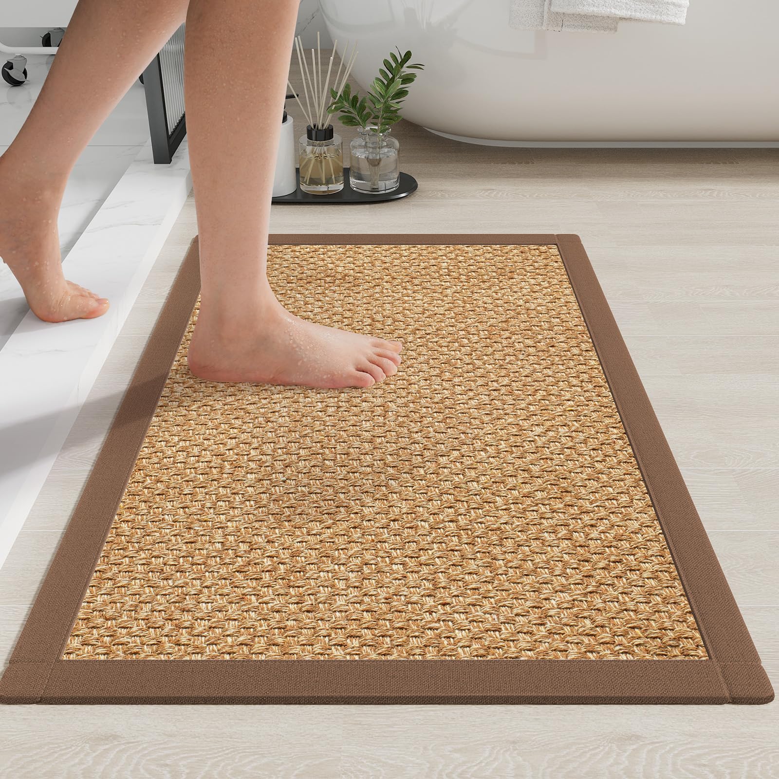 Photo 1 of ** package is damaged, but not product **
YDKGL Bath Mat Bathroom Rugs Non Slip Washable, Soft Jute-Like Ultra Thin Bath Mats, Rubber Backing Super Absorbent Quick Dry Thin Bath Rug Shower Mat Fit Under Door Bathroom Tub Floor, Brown 20"x32"