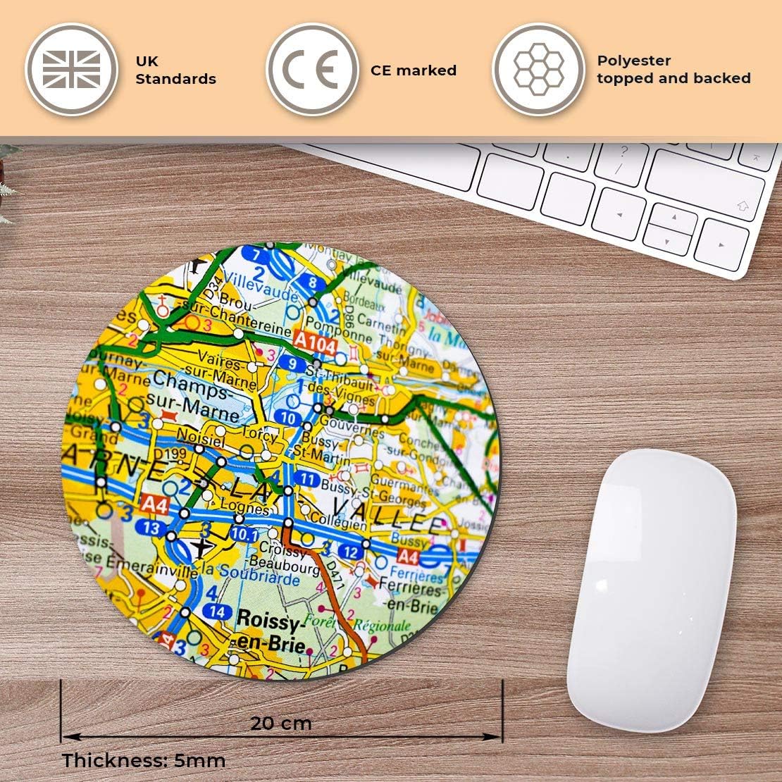 Marne La Vallee France French Travel Map - Flexible Round 5mm Rubber Mouse Mat Pad Office Home Novelty Printed Desk Accessory - 45682 - Image 3