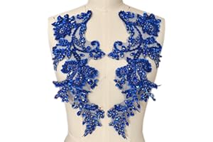 SUCCI SHAN Handmade Beaded Rhinestone Appliques Sew on Crystal Lace Patch, 1 Pair for DIY Clothing, Wedding Dress,Multi-Color Costume Decoration (Blue)