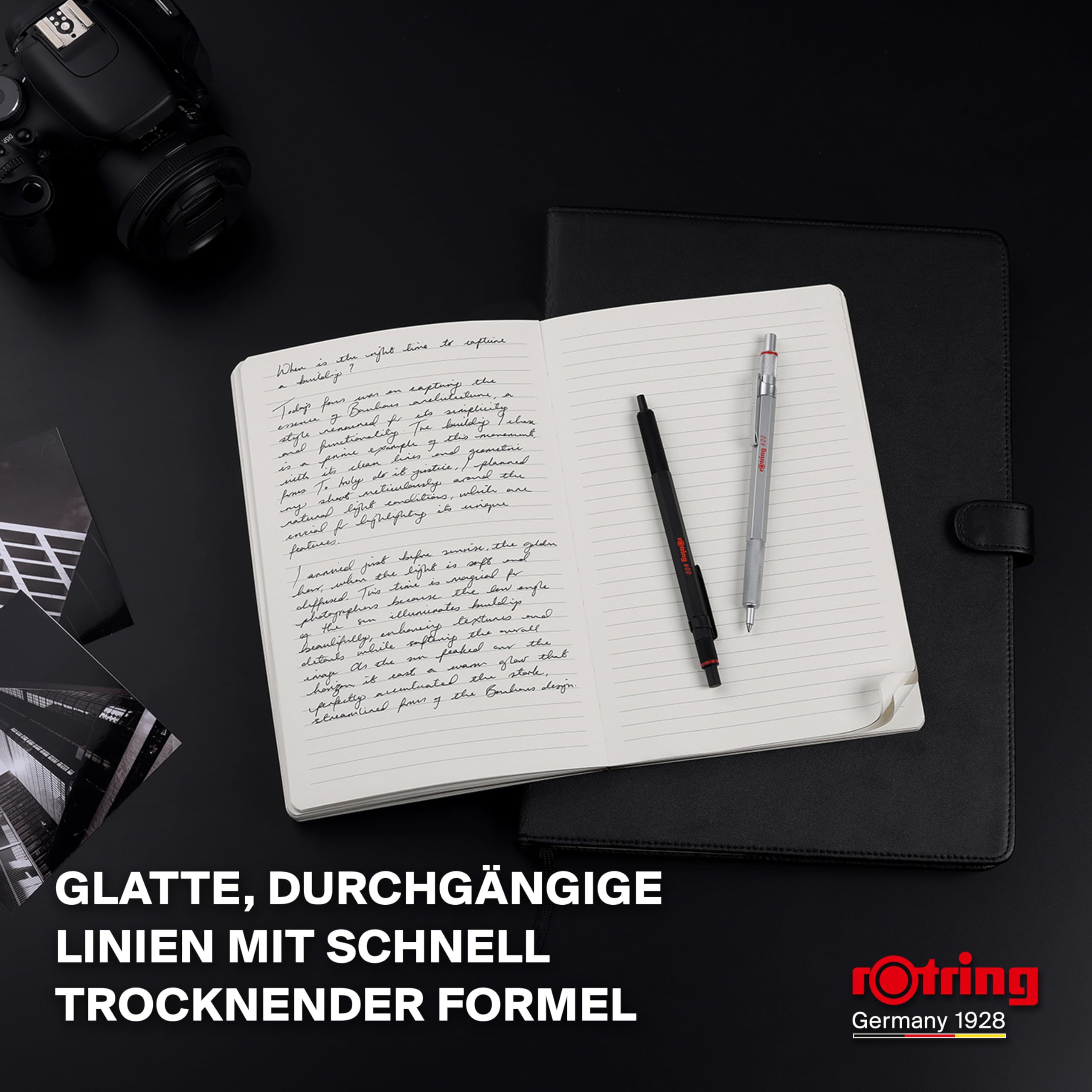 rOtring 600 Gelschreiber | 0,55 mm | Schwarze Tinte | Schwarzes Schreibgerät mit Metallschaft | Rutschfeste, gerändelte Griffzone und Sechskantschaft | Nachfüllbar 2