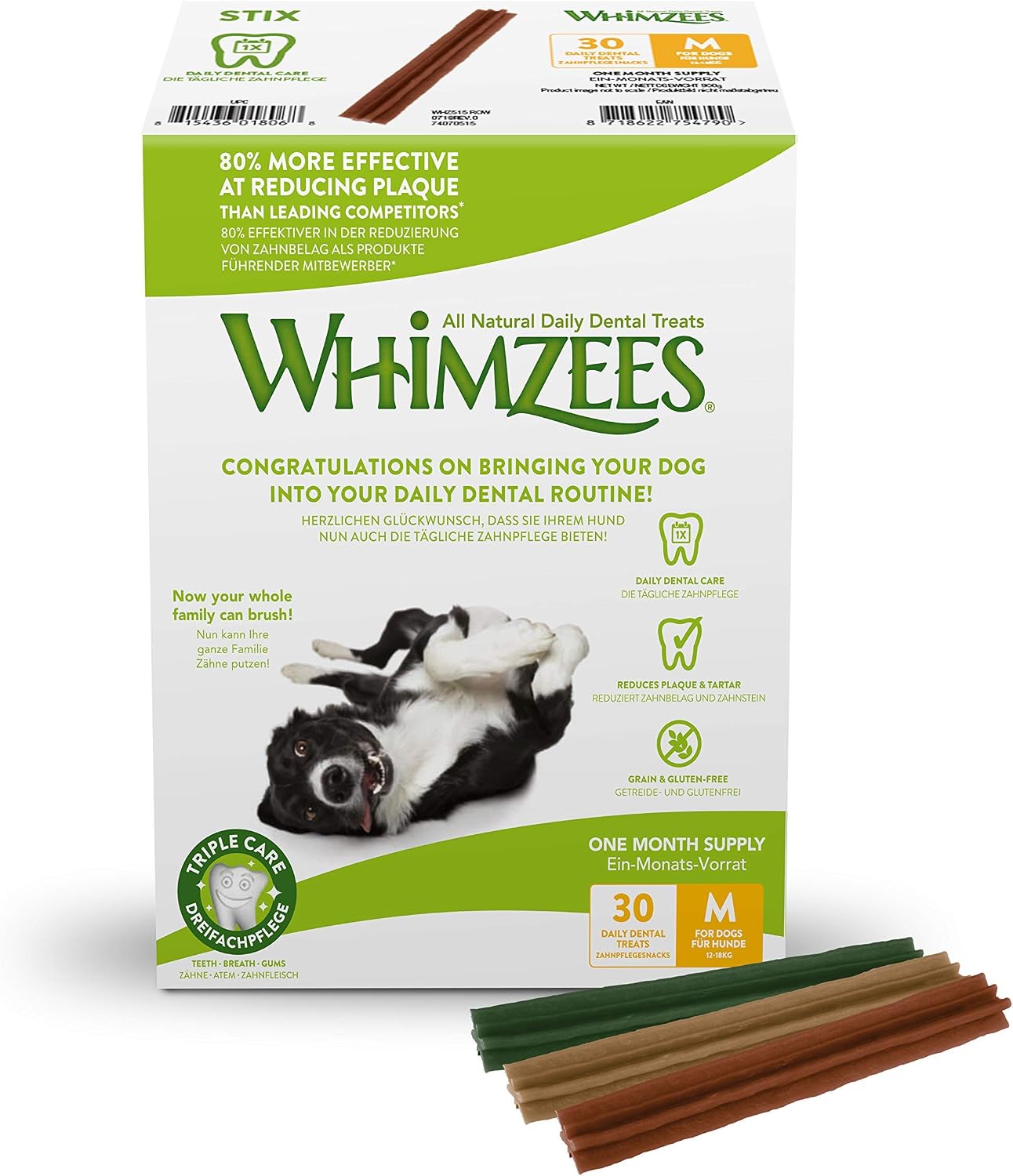 WHIMZEES Stix M, Month Box, 30 Pieces, Dog Dental Stix, Size M, Dog Dental Sticks for Medium Breeds Natural and Grain Free