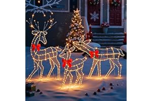 INIHPOCV [3-Piece Reindeer Christmas Decorations Outdoor] 2D Lighted Deer Family with 260 LED Light. Durable Yard Lawn Holiday Decor, Outdoor Lighted Holiday Display for Yard Lawn Garden-White