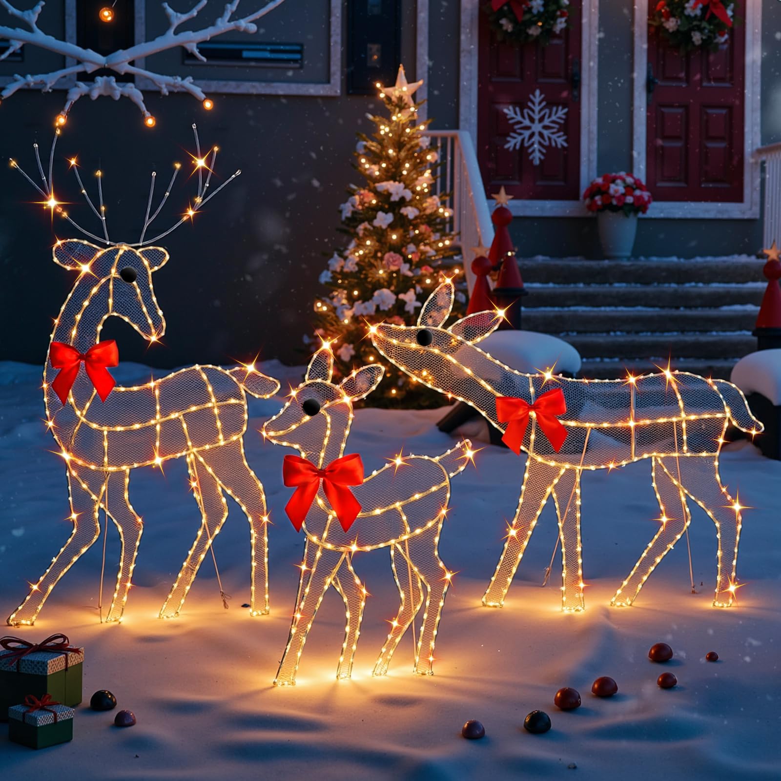 Photo 1 of [3-Piece Reindeer Christmas Decorations Outdoor] 2D Lighted Deer Family with 260 LED Light. Durable Yard Lawn Holiday Decor, Outdoor Lighted Holiday Display for Yard Lawn Garden-White