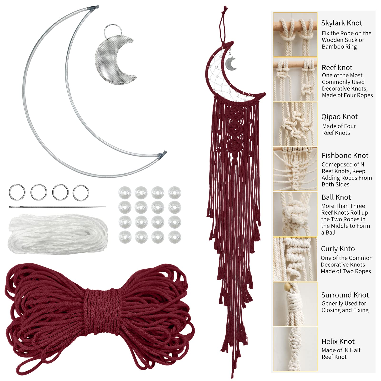 LEREATI Moon Dream Catcher Kit for Adults, DIY Macrame Kit for Beginners, Wall Hanging, Tapestry, Dreamcatcher Kits - 3mm Macrame Cord, Metal Hoops, Beads for Crafting (Wine red)