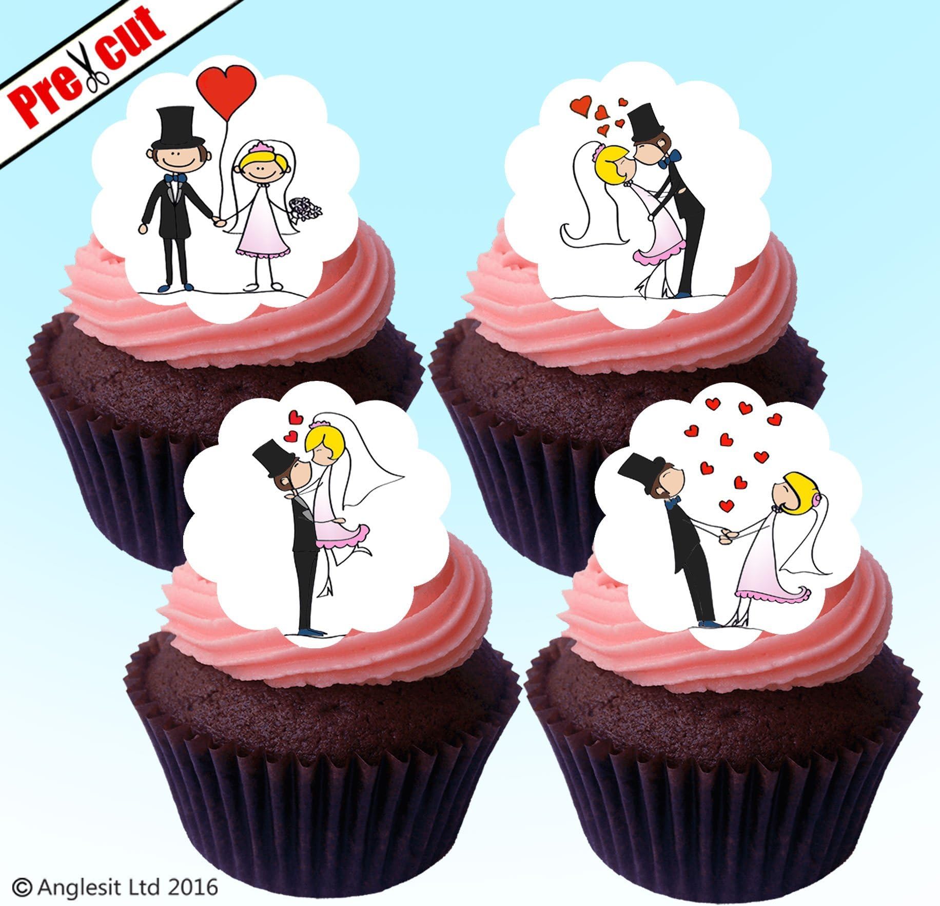 PRE-CUT CUTE WEDDING COUPLE EDIBLE RICE / WAFER PAPER CUPCAKE CAKE TOPPERS PARTY DECORATIONS
