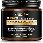 Men's Beef Tallow for Skin, Whipped Grass-Fed Beef Tallow Face Cream, Tallow Balm with Anti-Aging Retinol & Hyaluronic Acid, Mens Skin Care Face Moisturizer, Reduces Wrinkles Lines, Sandalwood, 3.5 OZ