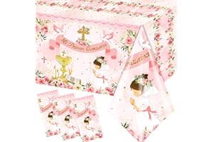 Gupesxu First Communion Decorations-3pcs Pink Mi Primera Comunion Tablecloth Baptism Table Covers for Girl Newborn Baby Shower Table Cloth for First Communion Baptism Decorations