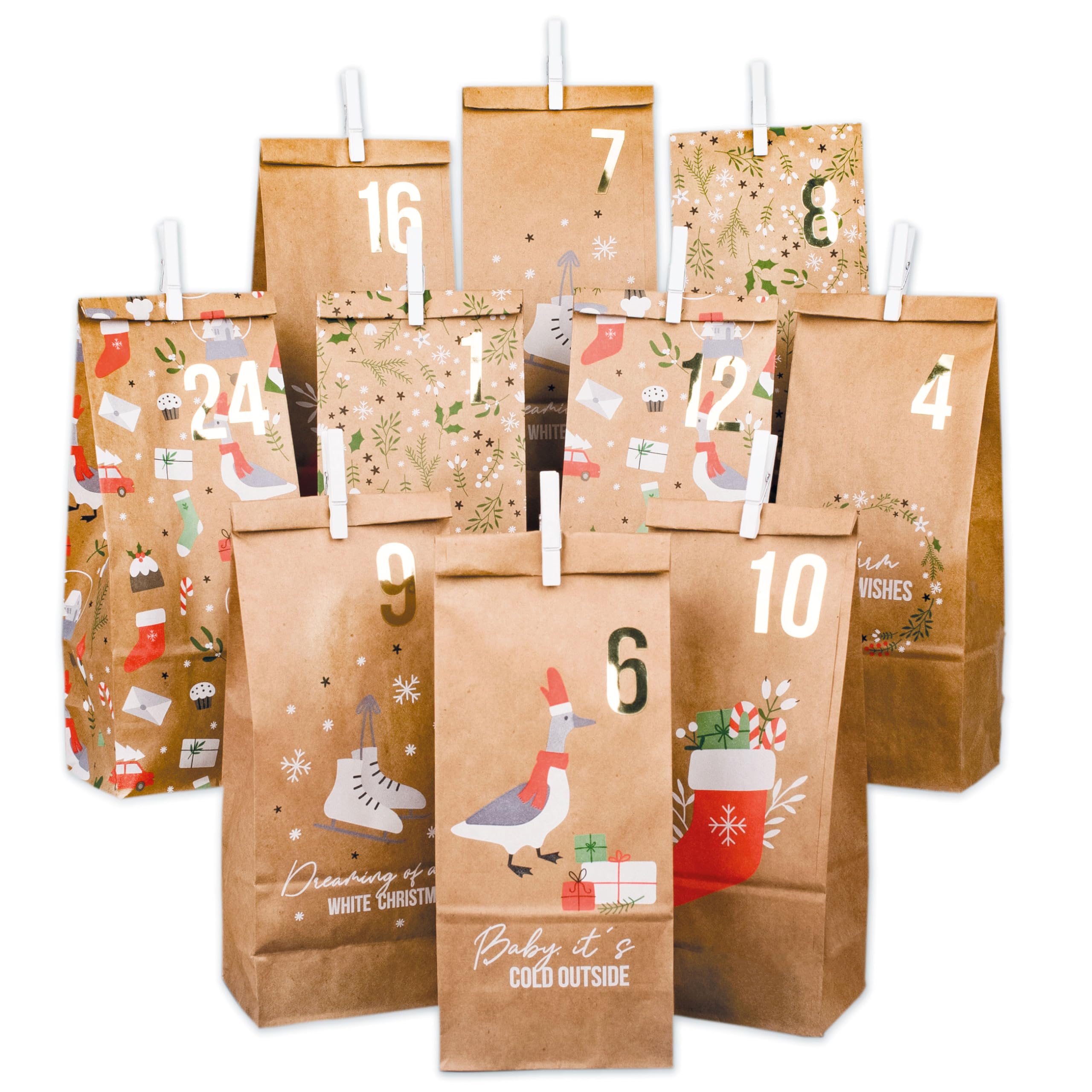 Papierdrachen Advent Calendar to Fill - 24 Brown Printed Gift Bags and 24 Stickers with Numbers and Paper Clips - Christmas Design