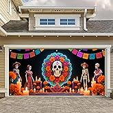 HOMETITUTE Sugar Skull Garage Door Banner for Dia de Los Muertos 13x6ft Vibrant Festive Papel Picado Ofrenda Wall Background Photo Background Mural Decorations Outdoor Indoor Party Decorations