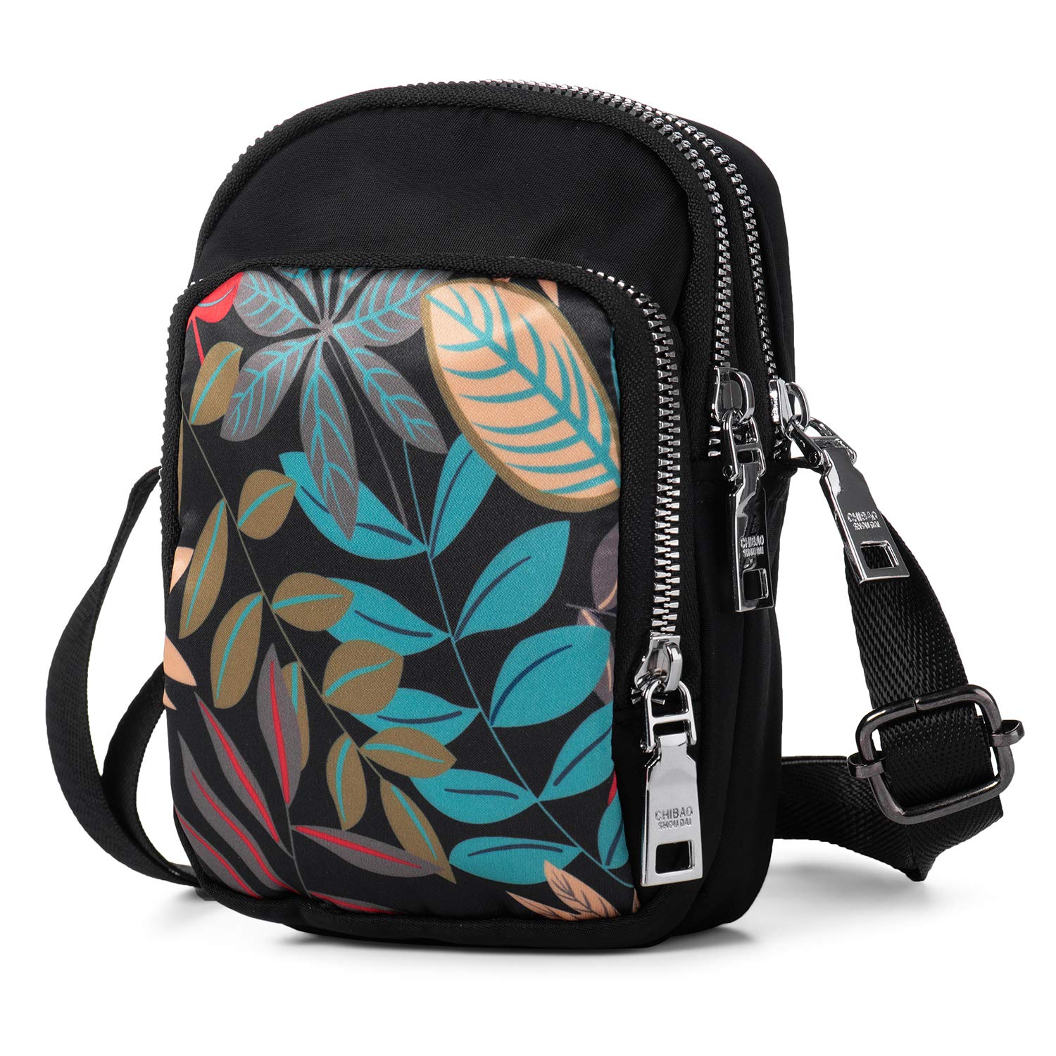LaRechor Small Crossbody Phone Bags for Women, Mobile Phone Pouch, Mini Shoulder Bag, Long Strap, 3 Zippers, Black with Leaves Pattern