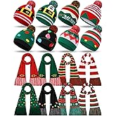 Geyoga 16 Pcs Christmas Knitted Beanie and Scarf Set Unisex Xmas Hat Warm Christmas Tassel Scarf for Adult Women Man Gift