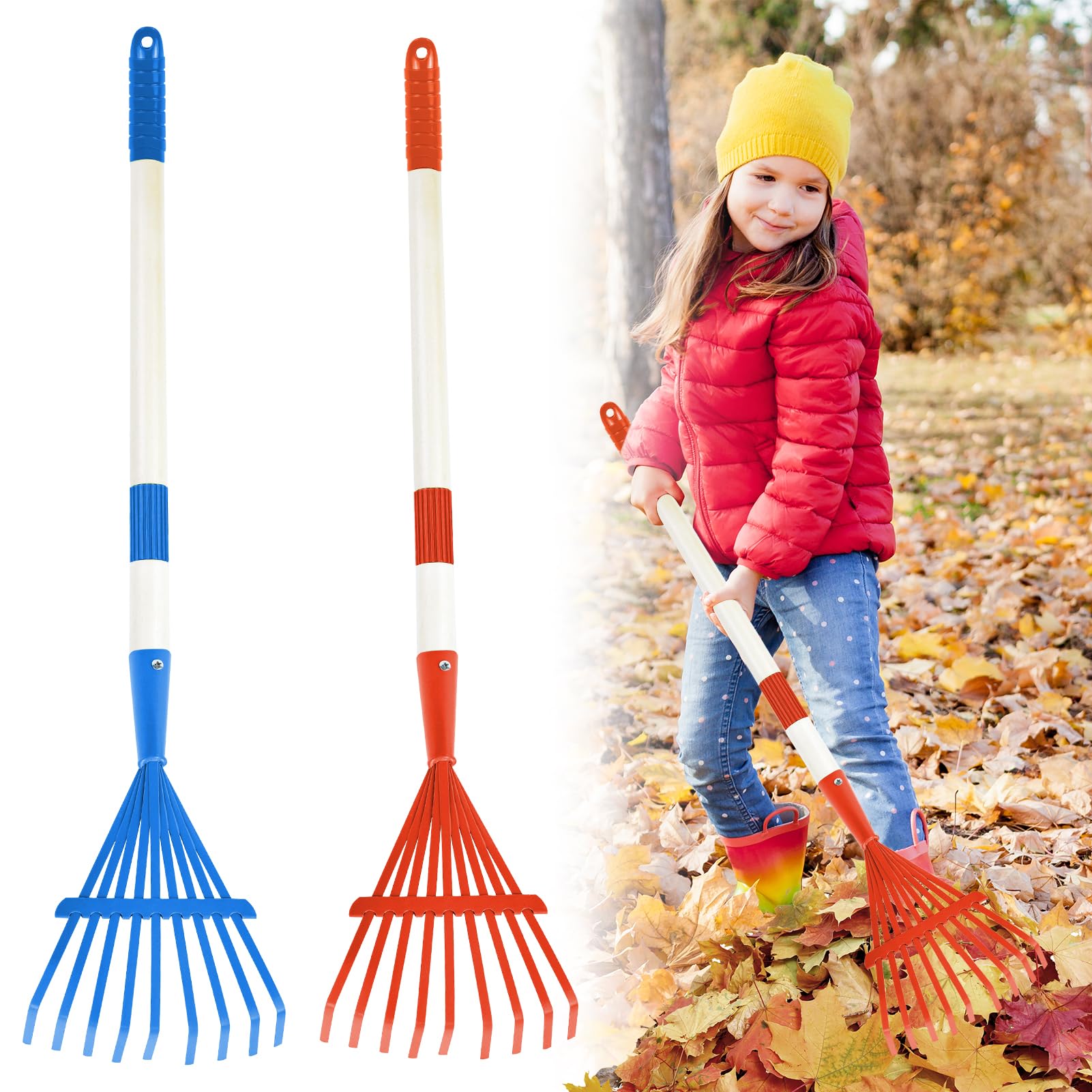 Photo 1 of 2PCS Kids Rakes for Leaves, 28" Child Size Garden Yard Rake Childrens Lawn Rake Toddler Leaf Rakes Blue Red Metal Head with Detachable Hardwood Handle Great Gardening Tools for Boy Girl
