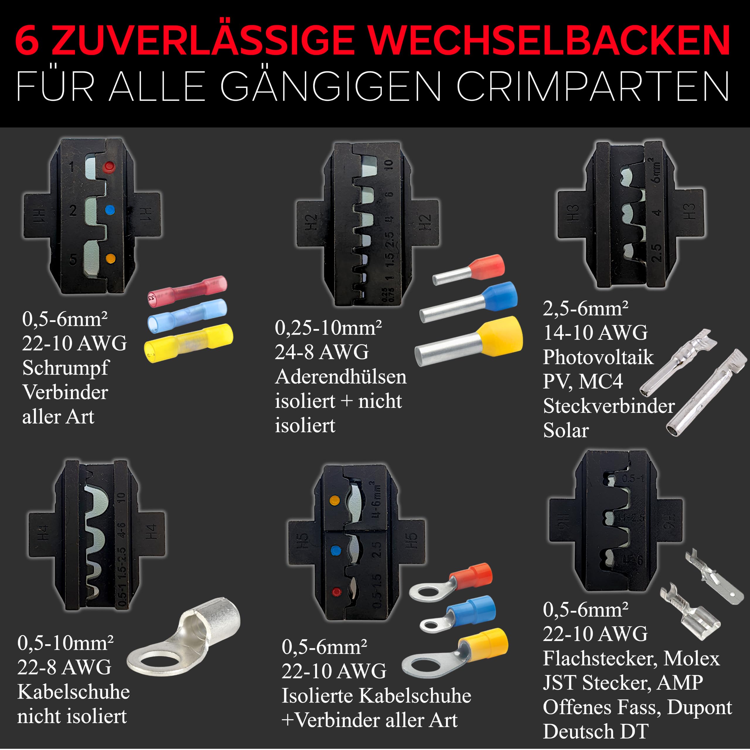 ALPHATEC® Crimpzange Set mit Wechselbacken inkl. automatische Abisolierzange - [0,25-10mm²] - Crimpzange Kabelschuhe, Aderendhülsenzange, Flachstecker, MC4 Zange PV Solar - Krimpzangenset 8-teilig 3