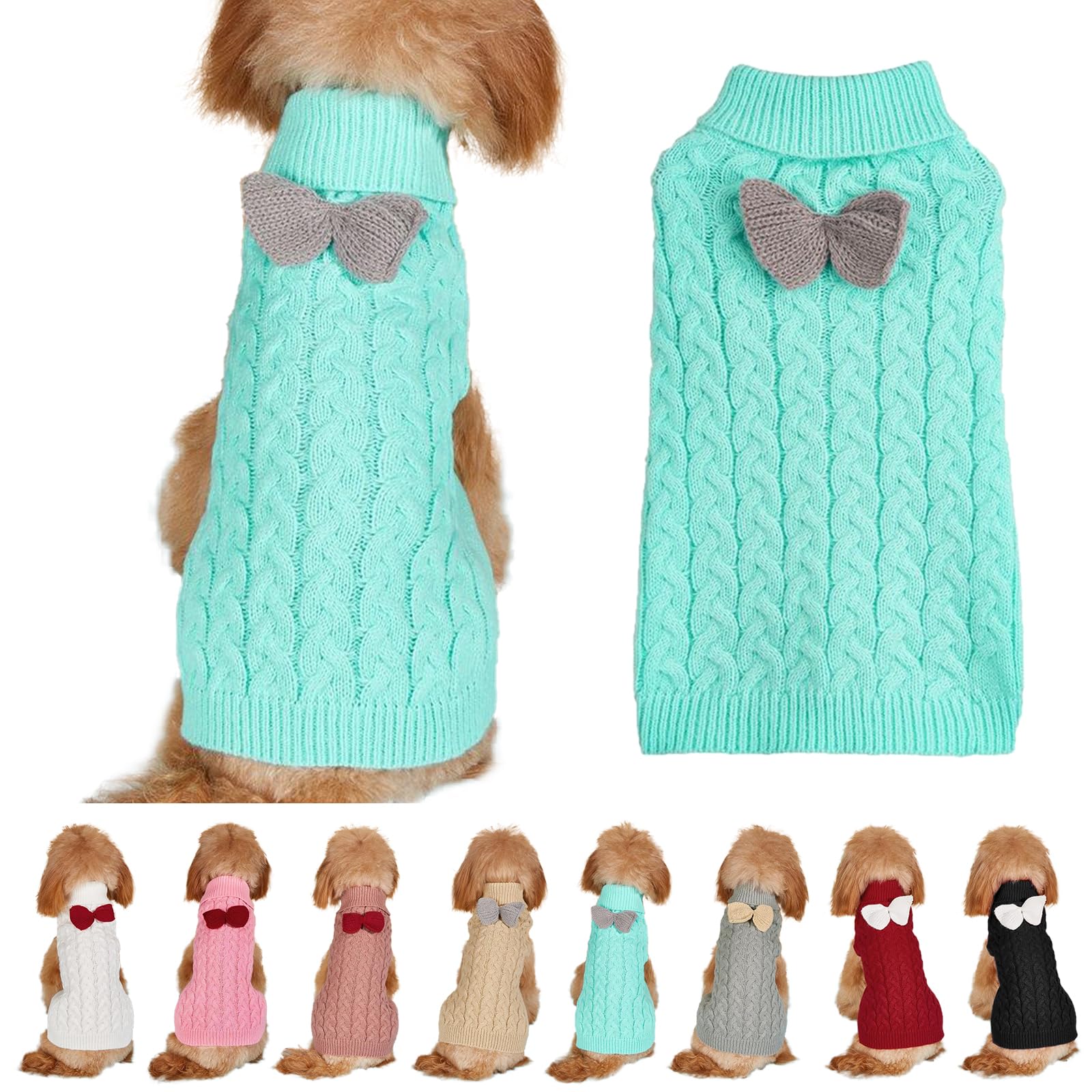 Yanmucy Dog Turtleneck Sweater Bow Knitting Dog Jumper Warm Dog Winter Clothes Pullover Knitwear Crochet Dog Coat Christmas Costume for Small Medium Large Dogs Cats (blue, L)