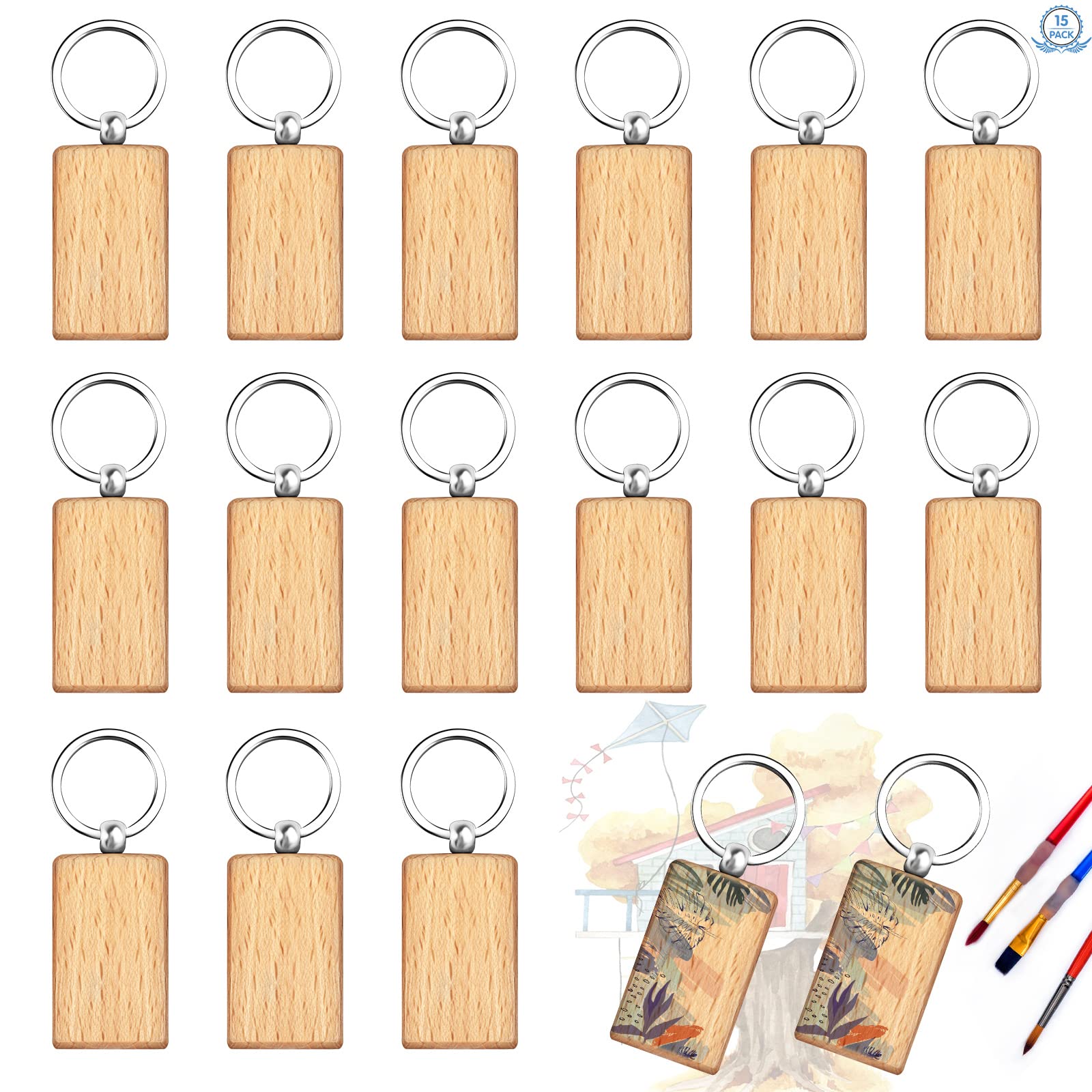 15Pcs Blank Wooden Keychains 5 * 3cm Wood Key Rings Rectangle DIY Wooden Keychains Personalized Wooden Craft Keychains Keyrings Natural Wooden Key Tags for DIY Craft Pyrography