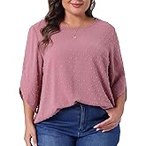 Agnes Orinda Plus Size Tops for Women Round Neck Petal Sleeve Swiss Dots Blouse T-Shirt Casual Summer Tops