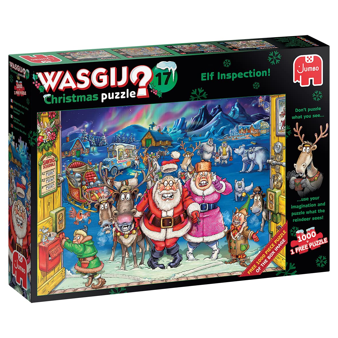 Wasgij Christmas 17, Elf Inspection - 2 x 1000 Piece Puzzles, Festive Fun Brainteasing Set of 2 Adults Jigsaw Puzzles - 100% Recycled Cardboard, 2 in 1 1000pc Puzzle Set with Box Image Puzzle, Jumbo
