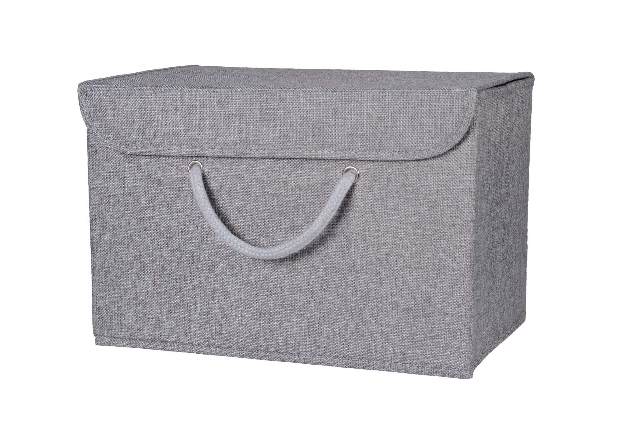 Grey Fabric Storage Box with lid. Stackable and Foldable. For wardrobes, shelves, clothes, bedroom, office, cupboard, keepsake memory box, crafts, toys, shoes, socks. Rope Handle 37x25x25cm