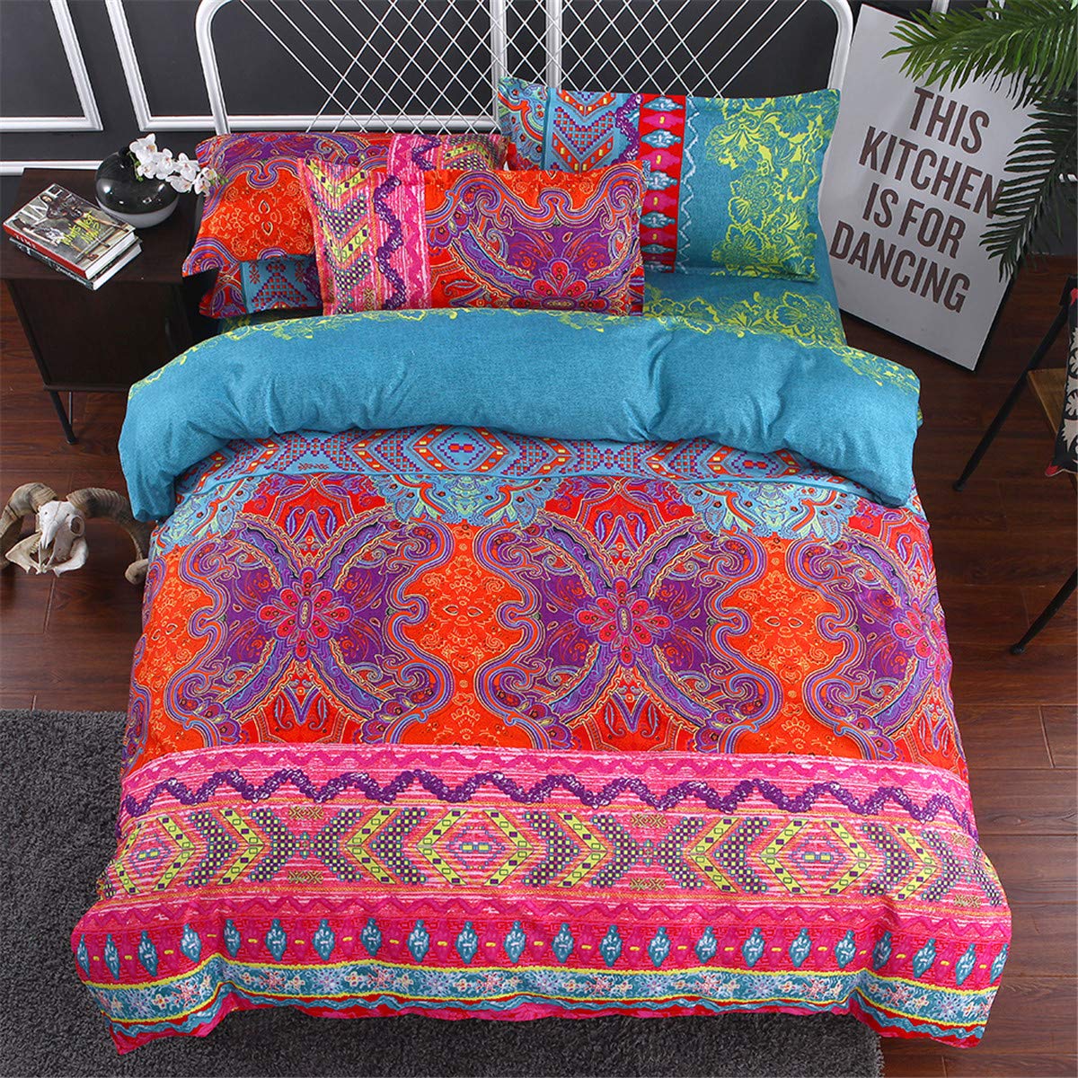 Double Size Bohemian Duvet Cover Red and Blue Colorful Boho Bedding Set with 2 Pillowcases Soft Microfiber Moroccan Bed Cover 200cm X 200cm