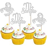 24 PCS Scorpio Cupcake Toppers Glitter 12 Constellation Scorpio Cupcake Picks October November Birthday Cake Decorations for Horoscope Astrology Birthday Party Supplies Silver