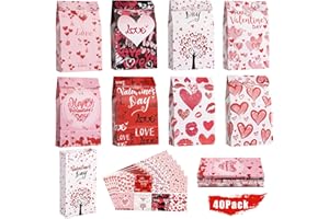 AOSTAR Valentines Gift Bags Party Favors - 40 PCS Valentine Paper Bags + 42 PCS Valentine Stickers for Kids Adult, 8 Patterns Valentine Treat Bags Valentine Goodies Bags for Wrapped Gifts Party Decorations