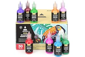 ARTEZA Fabric Paint, Set of 30, Permanent 3D Paint, Glow-in-the-Dark, Glitter, Neon, and Metallic Hues, Paint for Textiles, Canvas, and Wood