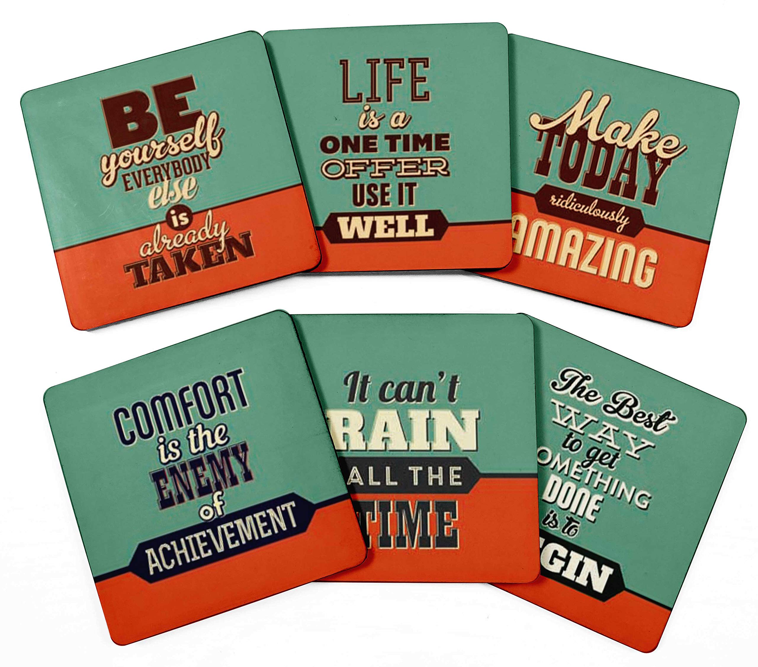Inkdotpot Set of 6 Drink Coasters Easy Clean 4-inch Square Coasters Cork Base- Reusable- Motivational Quotes