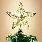 Christmas Tree Star Topper 10" Silver Christmas Tree Topper with Warm White LED Lights, Xmas Tree Topper Star Battery Powered Ornaments for Holiday Xmas Decorations, Home Party Decor