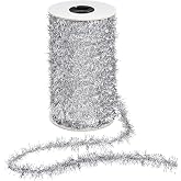 50 Yard Christmas Tinsel Garland Thin Metallic Twist Tinsel,Silver | 147.64ft, Xmas Glitter Tinsel Garland, Party Gift Wrapping, Holiday Decoration for Tree, Wreath Crafts, Birthday, Easy to Cut