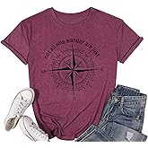Compass Graphic Tees for Women Not All Who Wander are Lost T Shirt Casual Vacation Short Sleeve Camping Travel Tee Tops