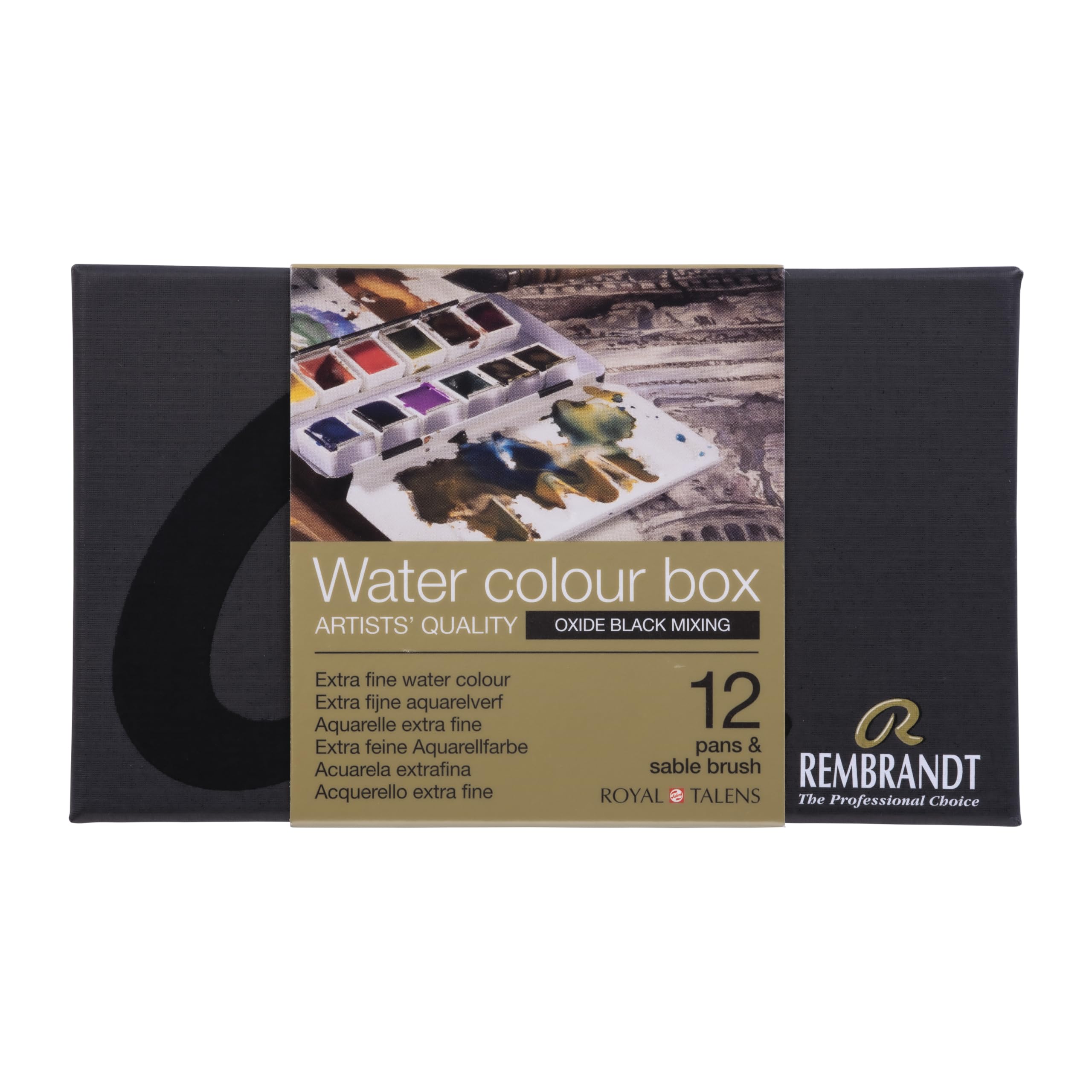 Rembrandt Professional Watercolour Paint Set in Luxury Metal Tin | Oxide Black Mixing Selection | 12 Colours + Brush