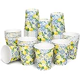 FYSUIMU 50 Pcs Summer Paper Cups Watercolor Blue Tiles Yellow Lemon Disposable Cups 9oz Chinoiserie Fruit Party Drinkware for Hot Cold Drinks Birthday Holiday Table Supplies