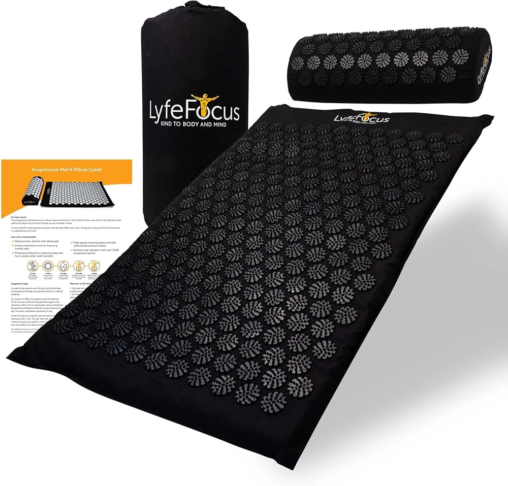 LyfeFocus Acupressure Mat & Pillow Set with Travel Bag Black