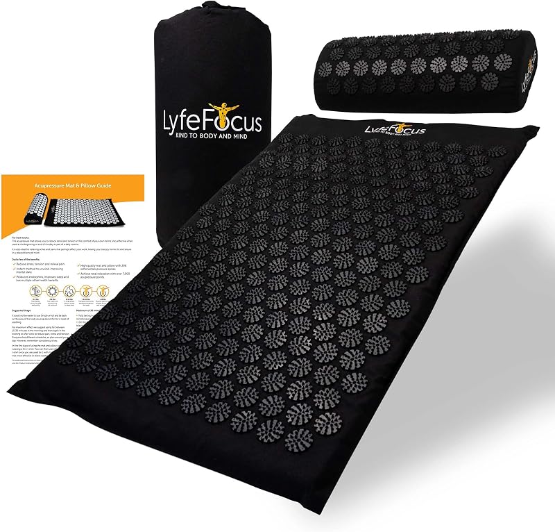 LyfeFocus Acupressure Mat & Pillow Set with Travel Bag Black