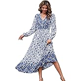 R.Vivimos Women's Long Sleeve Cotton V-Neck Button Up Floral Print Boho Flowy Midi Dresses